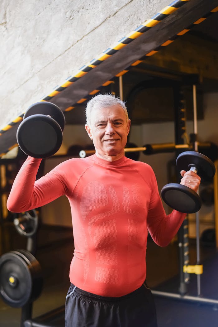 Elderly man lifting dumbbells in gym, showcasing healthy lifestyle and positive aging.